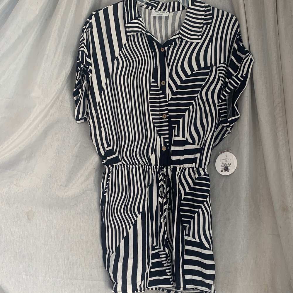 Black and White Striped Short Sleeve Romper with Drawstring Waist